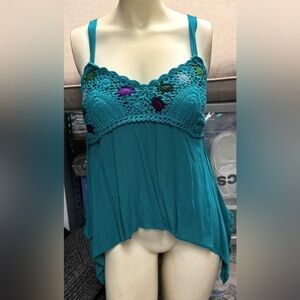 Parc & Lex Camisole Top Teal green Cotton Crochet Floral Trim women’s XS shirt
